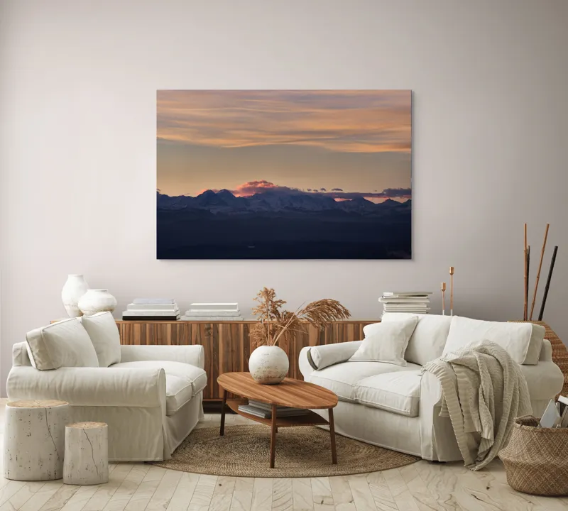 Tablou Canvas, "Apus de soare peste munți înzăpeziți", Nor, Munte, Amurg, Cer, Siluetă, Culoare, Lumină, Peisaj, Liniște, Întuneric, 150 x 100 cm – poza 3
