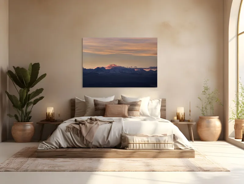 Tablou Canvas, "Apus de soare peste munți înzăpeziți", Nor, Munte, Amurg, Cer, Siluetă, Culoare, Lumină, Peisaj, Liniște, Întuneric, 150 x 100 cm – poza 4