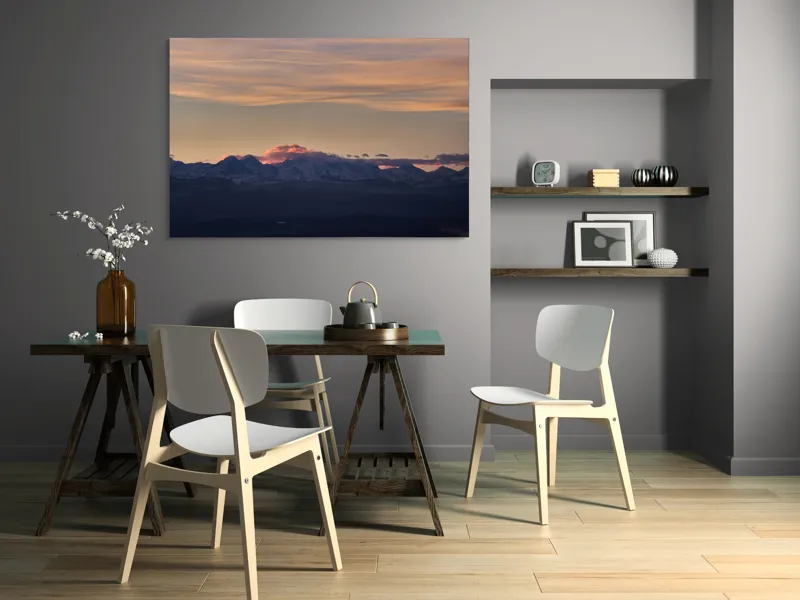 Tablou Canvas, "Apus de soare peste munți înzăpeziți", Nor, Munte, Amurg, Cer, Siluetă, Culoare, Lumină, Peisaj, Liniște, Întuneric, 150 x 100 cm – poza 5