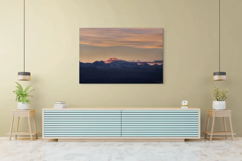 Tablou Canvas, "Apus de soare peste munți înzăpeziți", Nor, Munte, Amurg, Cer, Siluetă, Culoare, Lumină, Peisaj, Liniște, Întuneric, 150 x 100 cm – poza 6