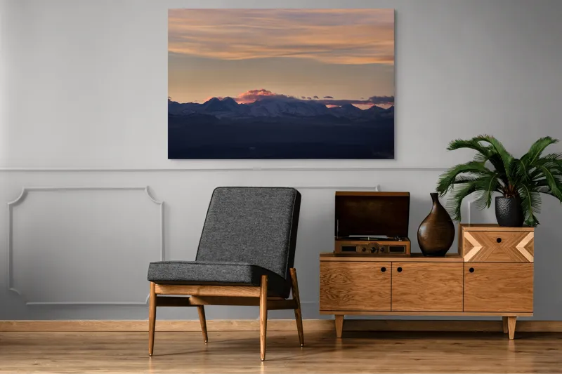 Tablou Canvas, "Apus de soare peste munți înzăpeziți", Nor, Munte, Amurg, Cer, Siluetă, Culoare, Lumină, Peisaj, Liniște, Întuneric, 150 x 100 cm – poza 8