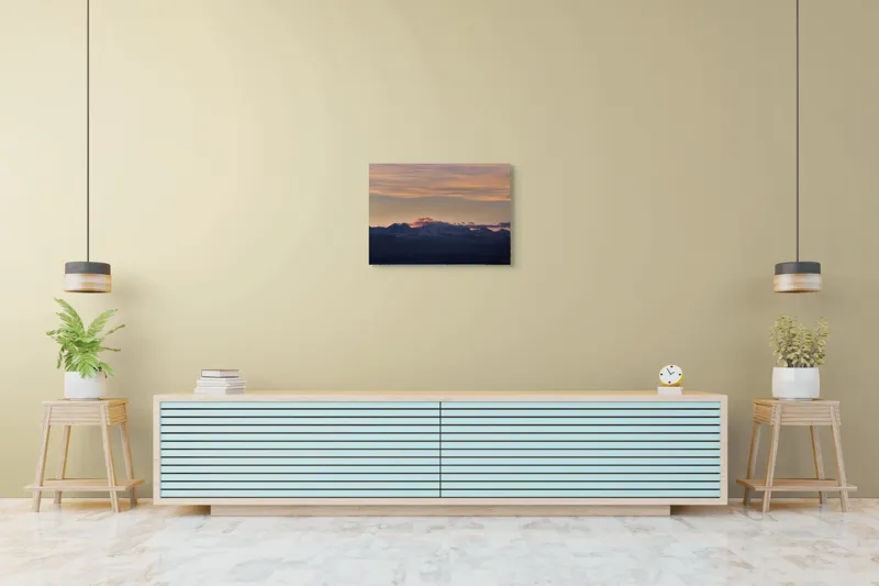 Tablou Canvas, "Apus de soare peste munți înzăpeziți", Nor, Munte, Amurg, Cer, Siluetă, Culoare, Lumină, Peisaj, Liniște, Întuneric, 70 x 50 cm – poza 7