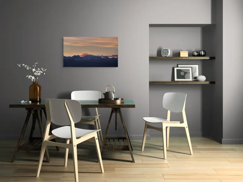 Tablou Canvas, "Apus de soare peste munți înzăpeziți", Nor, Munte, Amurg, Cer, Siluetă, Culoare, Lumină, Peisaj, Liniște, Întuneric, 90 x 50 cm – poza 3