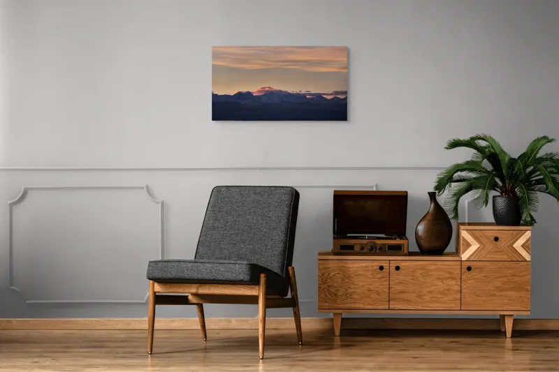 Tablou Canvas, "Apus de soare peste munți înzăpeziți", Nor, Munte, Amurg, Cer, Siluetă, Culoare, Lumină, Peisaj, Liniște, Întuneric, 90 x 50 cm – poza 6