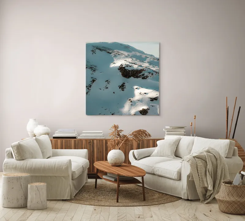 Tablou Canvas, "Umbre pe crestele înzăpezite ale muntelui", Zăpadă, Vârfuri, Stânci, Umbre, Serpentine, Contrast, Înghețat, Alpin, Natură, Întinderi., 100 x 100 cm – poza 3