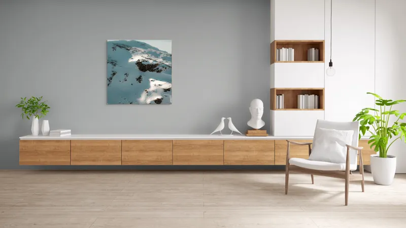 Tablou Canvas, "Umbre pe crestele înzăpezite ale muntelui", Zăpadă, Vârfuri, Stânci, Umbre, Serpentine, Contrast, Înghețat, Alpin, Natură, Întinderi., 100 x 100 cm – poza 8