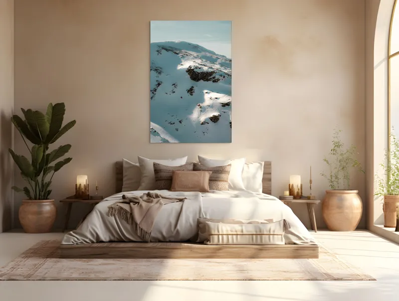 Tablou Canvas, "Umbre pe crestele înzăpezite ale muntelui", Zăpadă, Vârfuri, Stânci, Umbre, Serpentine, Contrast, Înghețat, Alpin, Natură, Întinderi., 100 x 150 cm – poza 3