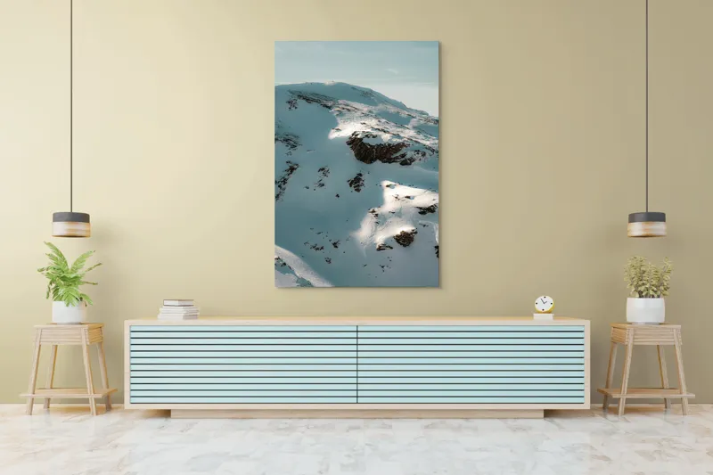 Tablou Canvas, "Umbre pe crestele înzăpezite ale muntelui", Zăpadă, Vârfuri, Stânci, Umbre, Serpentine, Contrast, Înghețat, Alpin, Natură, Întinderi., 100 x 150 cm – poza 4