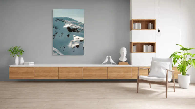 Tablou Canvas, "Umbre pe crestele înzăpezite ale muntelui", Zăpadă, Vârfuri, Stânci, Umbre, Serpentine, Contrast, Înghețat, Alpin, Natură, Întinderi., 100 x 150 cm – poza 8