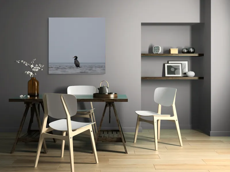 Tablou Canvas, "Cormoran solitar pe valuri liniștite", Pasăre, Apă, Singurătate, Cer Cenușiu, Mal Distant, Liniște, Natură., 100 x 100 cm – poza 6