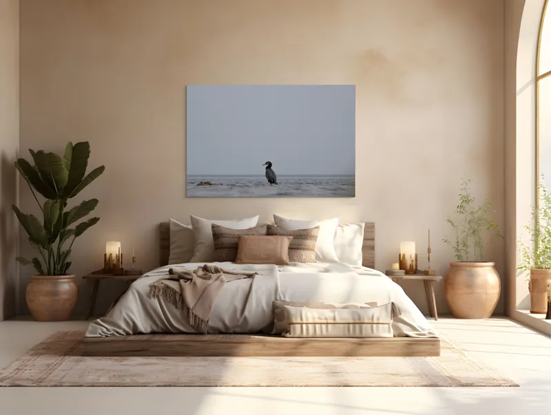Tablou Canvas, "Cormoran solitar pe valuri liniștite", Pasăre, Apă, Singurătate, Cer Cenușiu, Mal Distant, Liniște, Natură., 150 x 100 cm – poza 4