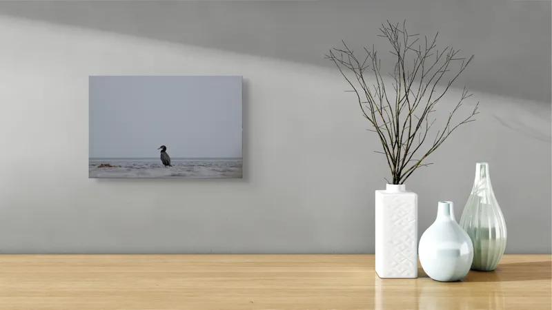 Tablou Canvas, "Cormoran solitar pe valuri liniștite", Pasăre, Apă, Singurătate, Cer Cenușiu, Mal Distant, Liniște, Natură., 39 x 26 cm – poza 8