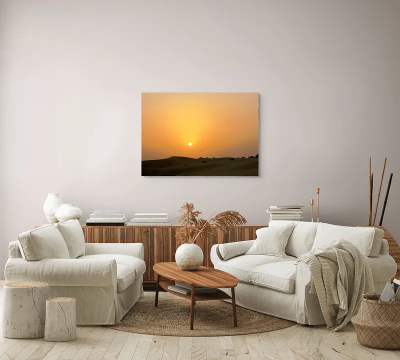 Tablou Canvas, "Răsărit liniștit peste dunele aurii", Apus, Deșert, Nisip, Siluete, Cer, Portocaliu, Pustiu, Calm, Natură, Peisaj, 100 x 70 cm – poza 3