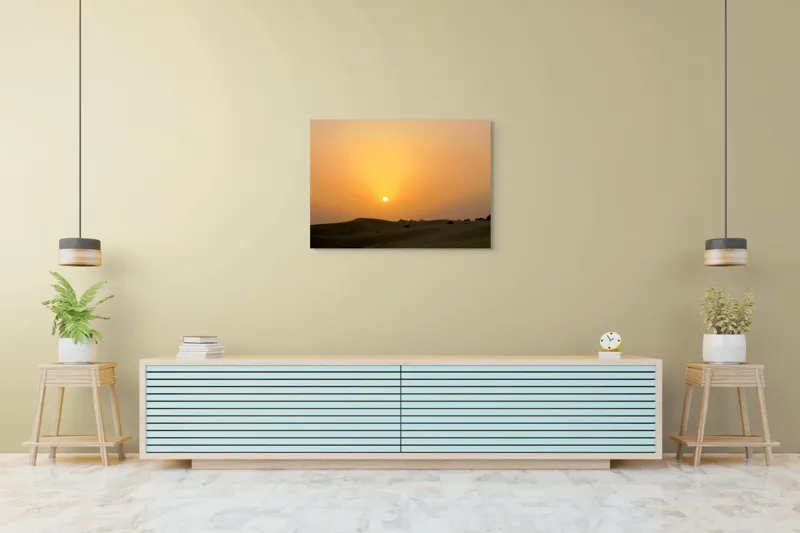 Tablou Canvas, "Răsărit liniștit peste dunele aurii", Apus, Deșert, Nisip, Siluete, Cer, Portocaliu, Pustiu, Calm, Natură, Peisaj, 100 x 70 cm – poza 4