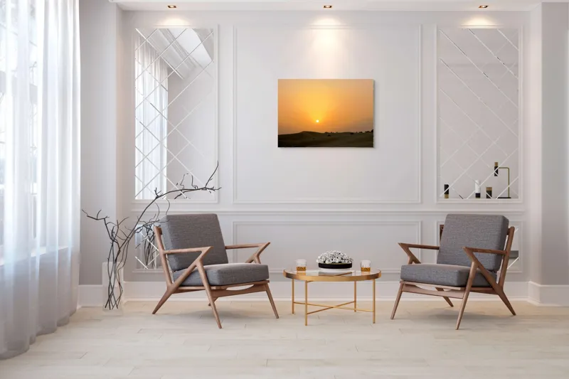 Tablou Canvas, "Răsărit liniștit peste dunele aurii", Apus, Deșert, Nisip, Siluete, Cer, Portocaliu, Pustiu, Calm, Natură, Peisaj, 100 x 70 cm – poza 5