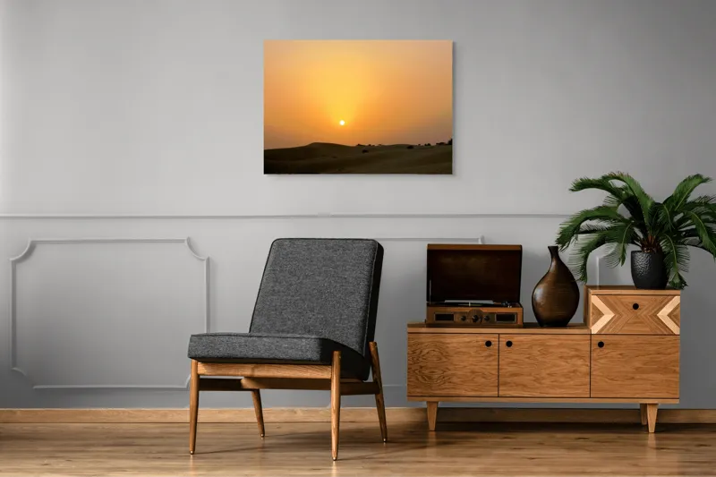Tablou Canvas, "Răsărit liniștit peste dunele aurii", Apus, Deșert, Nisip, Siluete, Cer, Portocaliu, Pustiu, Calm, Natură, Peisaj, 100 x 70 cm – poza 8