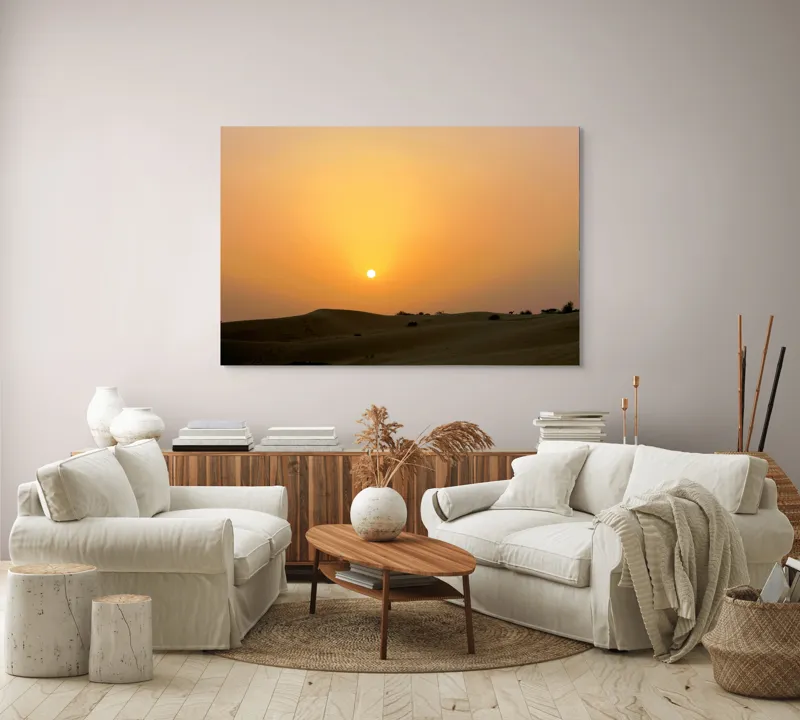 Tablou Canvas, "Răsărit liniștit peste dunele aurii", Apus, Deșert, Nisip, Siluete, Cer, Portocaliu, Pustiu, Calm, Natură, Peisaj, 150 x 100 cm – poza 3