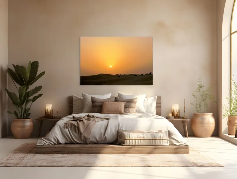 Tablou Canvas, "Răsărit liniștit peste dunele aurii", Apus, Deșert, Nisip, Siluete, Cer, Portocaliu, Pustiu, Calm, Natură, Peisaj, 150 x 100 cm – poza 4