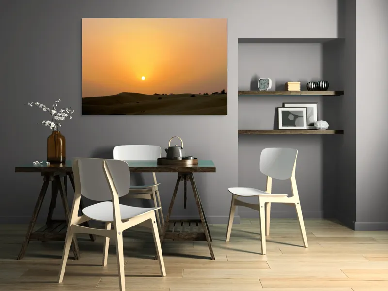 Tablou Canvas, "Răsărit liniștit peste dunele aurii", Apus, Deșert, Nisip, Siluete, Cer, Portocaliu, Pustiu, Calm, Natură, Peisaj, 150 x 100 cm – poza 5