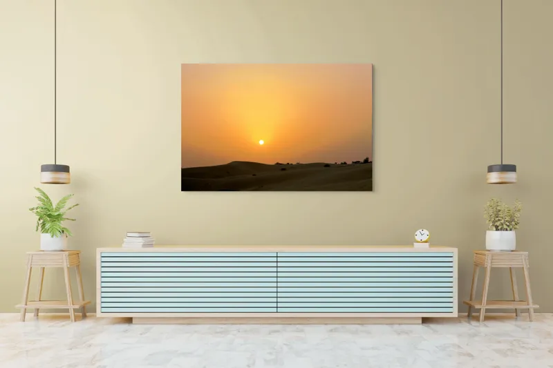 Tablou Canvas, "Răsărit liniștit peste dunele aurii", Apus, Deșert, Nisip, Siluete, Cer, Portocaliu, Pustiu, Calm, Natură, Peisaj, 150 x 100 cm – poza 6