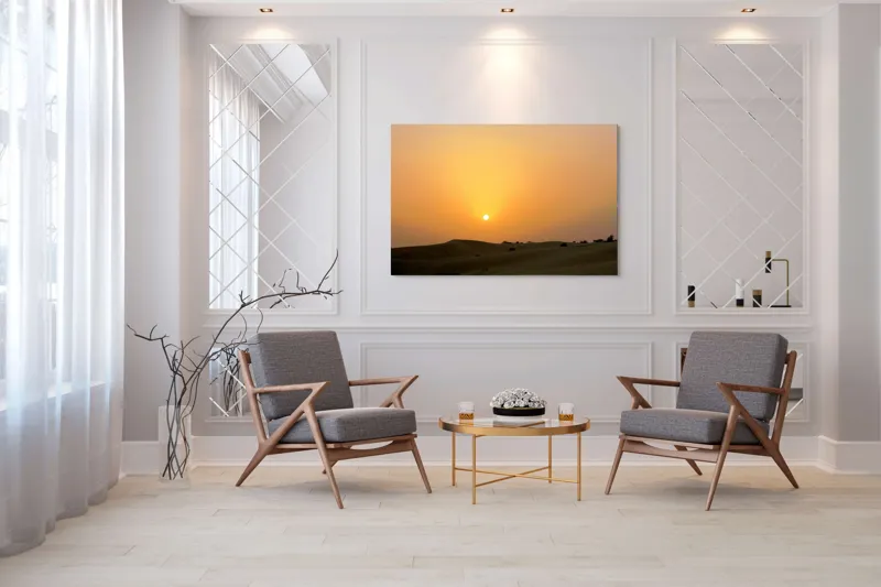 Tablou Canvas, "Răsărit liniștit peste dunele aurii", Apus, Deșert, Nisip, Siluete, Cer, Portocaliu, Pustiu, Calm, Natură, Peisaj, 150 x 100 cm – poza 7