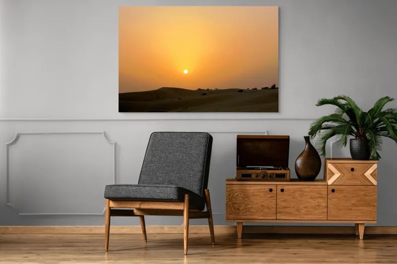 Tablou Canvas, "Răsărit liniștit peste dunele aurii", Apus, Deșert, Nisip, Siluete, Cer, Portocaliu, Pustiu, Calm, Natură, Peisaj, 150 x 100 cm – poza 8
