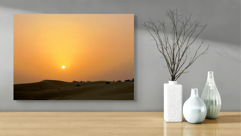 Tablou Canvas, "Răsărit liniștit peste dunele aurii", Apus, Deșert, Nisip, Siluete, Cer, Portocaliu, Pustiu, Calm, Natură, Peisaj, 70 x 50 cm – poza 3