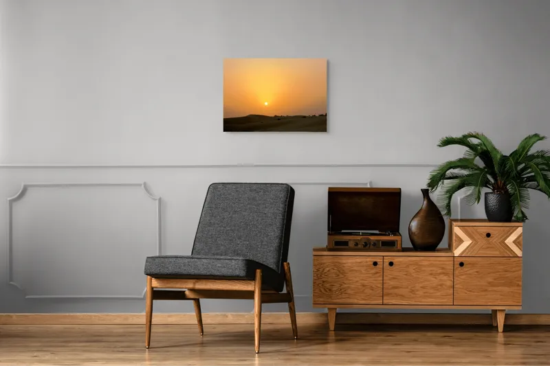 Tablou Canvas, "Răsărit liniștit peste dunele aurii", Apus, Deșert, Nisip, Siluete, Cer, Portocaliu, Pustiu, Calm, Natură, Peisaj, 70 x 50 cm – poza 4