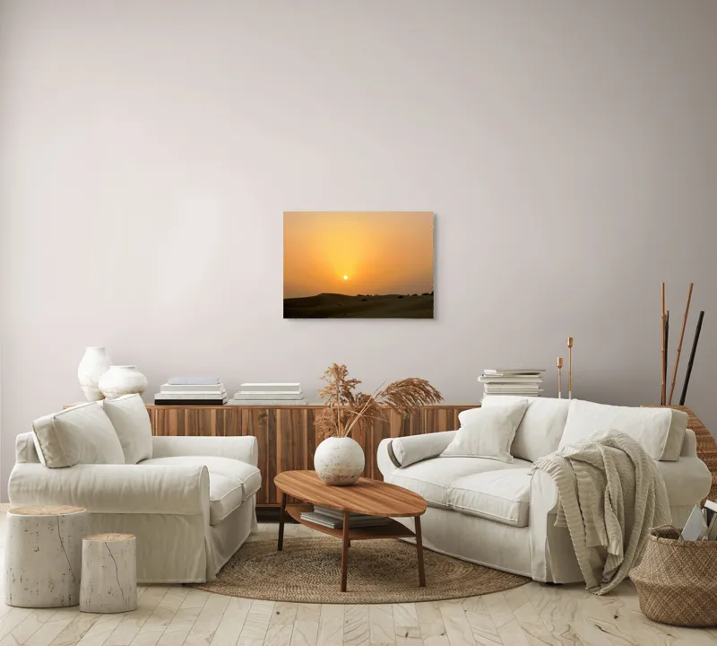 Tablou Canvas, "Răsărit liniștit peste dunele aurii", Apus, Deșert, Nisip, Siluete, Cer, Portocaliu, Pustiu, Calm, Natură, Peisaj, 70 x 50 cm – poza 6