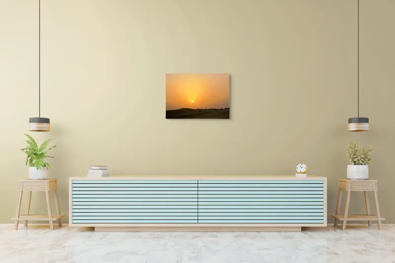 Tablou Canvas, "Răsărit liniștit peste dunele aurii", Apus, Deșert, Nisip, Siluete, Cer, Portocaliu, Pustiu, Calm, Natură, Peisaj, 70 x 50 cm – poza 7