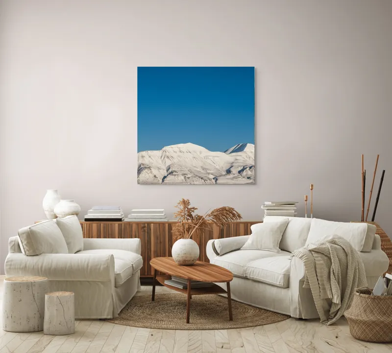 Tablou Canvas, "Munți acoperiți de zăpadă sub cer senin", Alb, Rece, Montan, Întins, Albastru, Seren, Vast, Pitoresc, 100 x 100 cm – poza 3