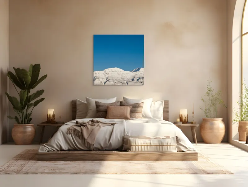 Tablou Canvas, "Munți acoperiți de zăpadă sub cer senin", Alb, Rece, Montan, Întins, Albastru, Seren, Vast, Pitoresc, 100 x 100 cm – poza 4