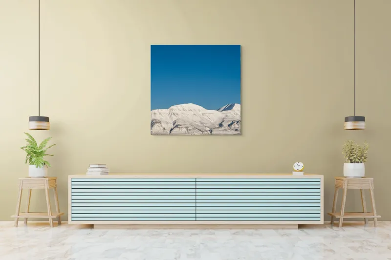 Tablou Canvas, "Munți acoperiți de zăpadă sub cer senin", Alb, Rece, Montan, Întins, Albastru, Seren, Vast, Pitoresc, 100 x 100 cm – poza 5