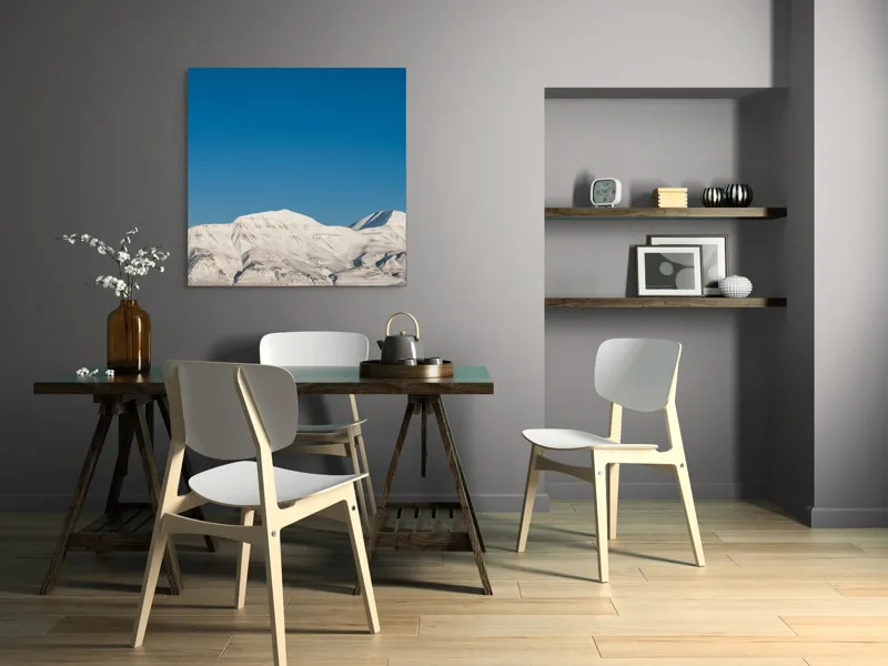 Tablou Canvas, "Munți acoperiți de zăpadă sub cer senin", Alb, Rece, Montan, Întins, Albastru, Seren, Vast, Pitoresc, 100 x 100 cm – poza 6