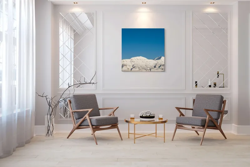 Tablou Canvas, "Munți acoperiți de zăpadă sub cer senin", Alb, Rece, Montan, Întins, Albastru, Seren, Vast, Pitoresc, 100 x 100 cm – poza 7