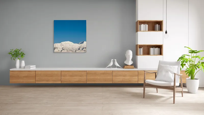 Tablou Canvas, "Munți acoperiți de zăpadă sub cer senin", Alb, Rece, Montan, Întins, Albastru, Seren, Vast, Pitoresc, 100 x 100 cm – poza 8