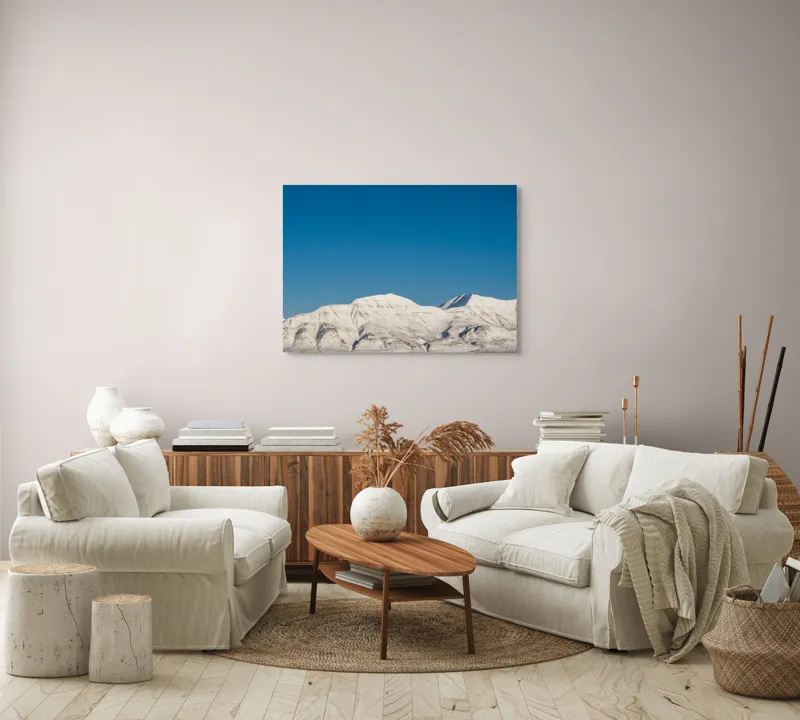Tablou Canvas, "Munți acoperiți de zăpadă sub cer senin", Alb, Rece, Montan, Întins, Albastru, Seren, Vast, Pitoresc, 100 x 70 cm – poza 3