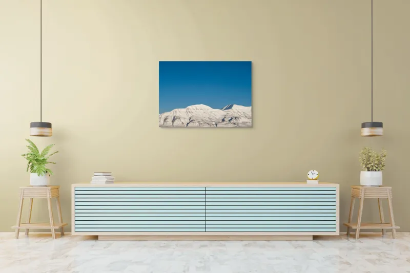 Tablou Canvas, "Munți acoperiți de zăpadă sub cer senin", Alb, Rece, Montan, Întins, Albastru, Seren, Vast, Pitoresc, 100 x 70 cm – poza 4