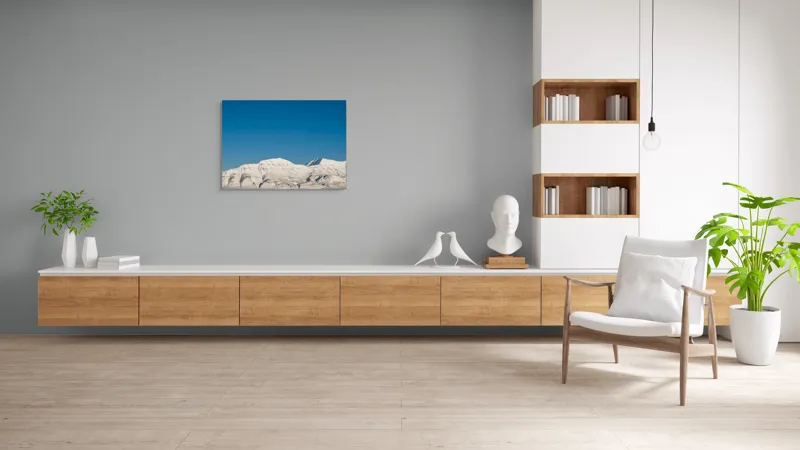 Tablou Canvas, "Munți acoperiți de zăpadă sub cer senin", Alb, Rece, Montan, Întins, Albastru, Seren, Vast, Pitoresc, 100 x 70 cm – poza 6