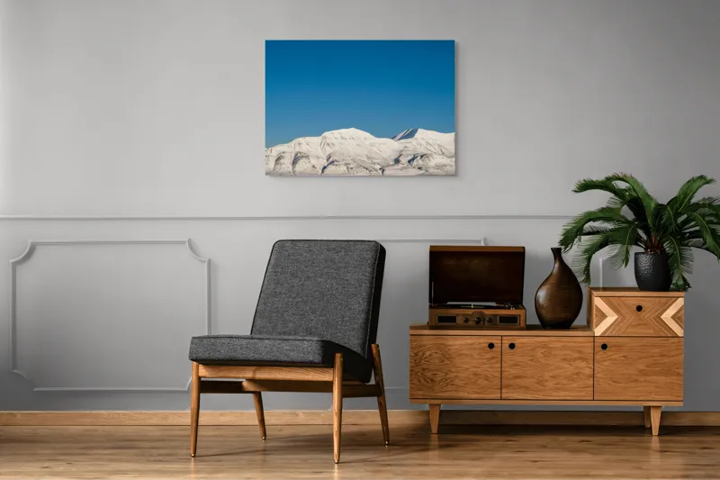 Tablou Canvas, "Munți acoperiți de zăpadă sub cer senin", Alb, Rece, Montan, Întins, Albastru, Seren, Vast, Pitoresc, 100 x 70 cm – poza 8