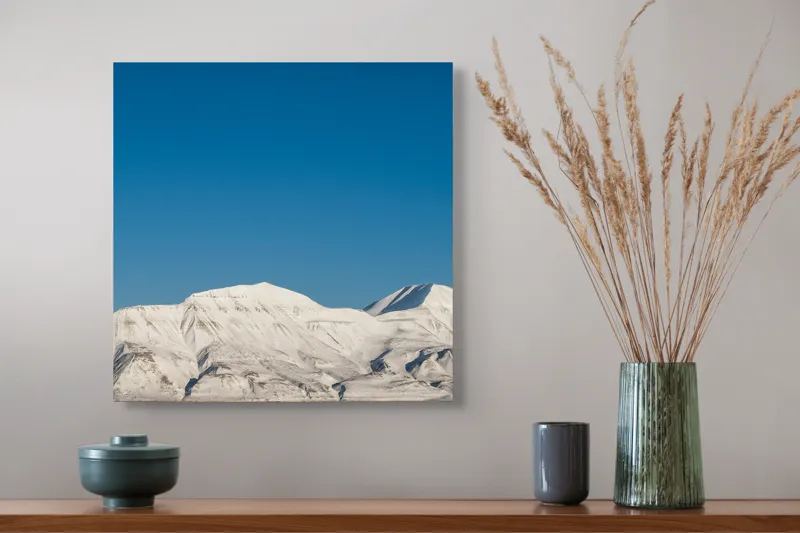 Tablou Canvas, "Munți acoperiți de zăpadă sub cer senin", Alb, Rece, Montan, Întins, Albastru, Seren, Vast, Pitoresc, 50 x 50 cm – poza 4