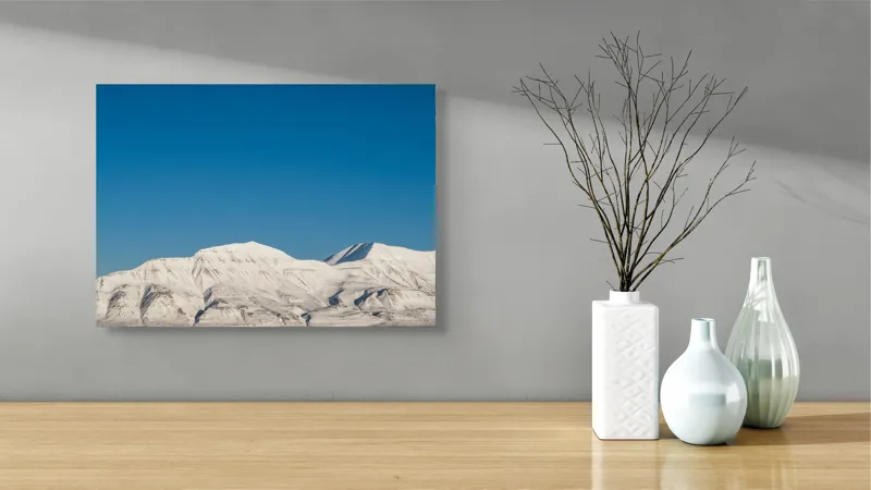 Tablou Canvas, "Munți acoperiți de zăpadă sub cer senin", Alb, Rece, Montan, Întins, Albastru, Seren, Vast, Pitoresc, 54 x 39 cm – poza 3