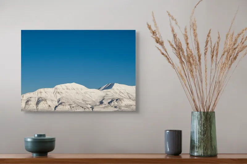 Tablou Canvas, "Munți acoperiți de zăpadă sub cer senin", Alb, Rece, Montan, Întins, Albastru, Seren, Vast, Pitoresc, 54 x 39 cm – poza 4