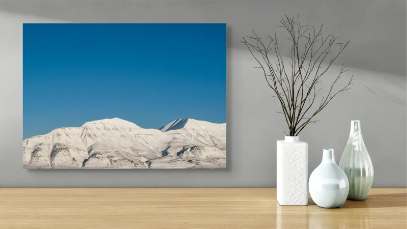Tablou Canvas, "Munți acoperiți de zăpadă sub cer senin", Alb, Rece, Montan, Întins, Albastru, Seren, Vast, Pitoresc, 70 x 50 cm – poza 3