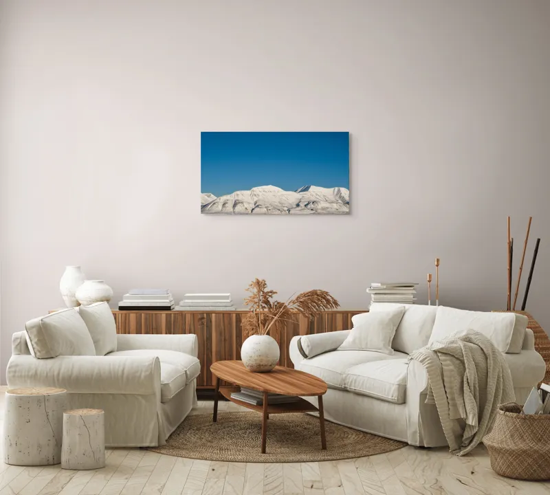 Tablou Canvas, "Munți acoperiți de zăpadă sub cer senin", Alb, Rece, Montan, Întins, Albastru, Seren, Vast, Pitoresc, 90 x 50 cm – poza 4