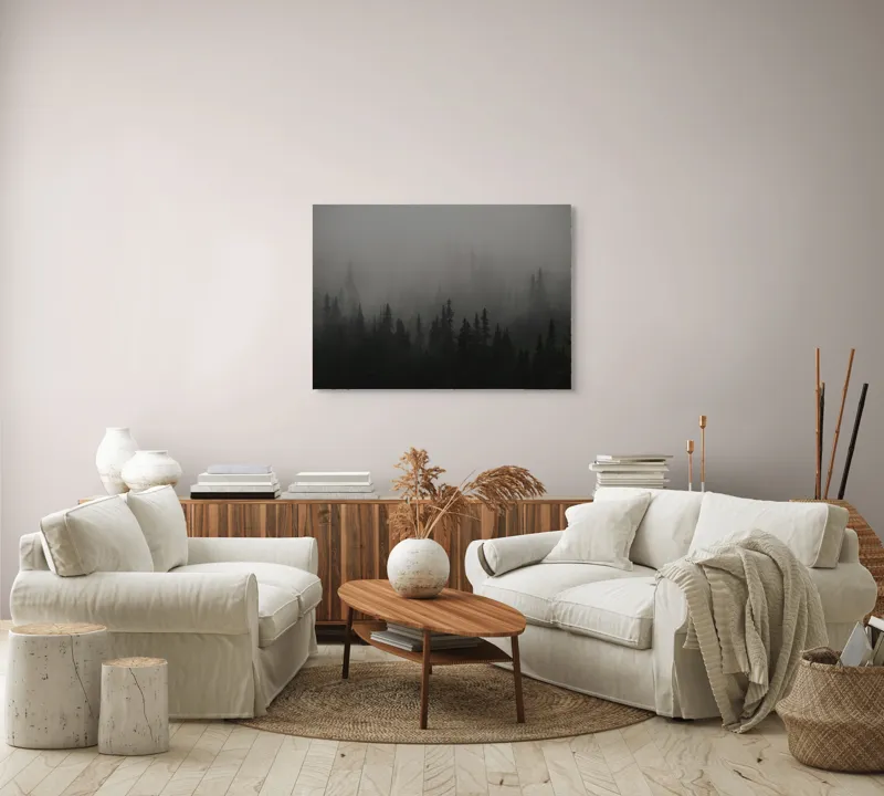 Tablou Canvas, "Ceața misterioasă din pădurea deasă", Ceață, Pădure, Mister, Întunecime, Tăcere, Natură, Enigmă, Umbre, Vârfuri, Melancolie, 100 x 70 cm – poza 3