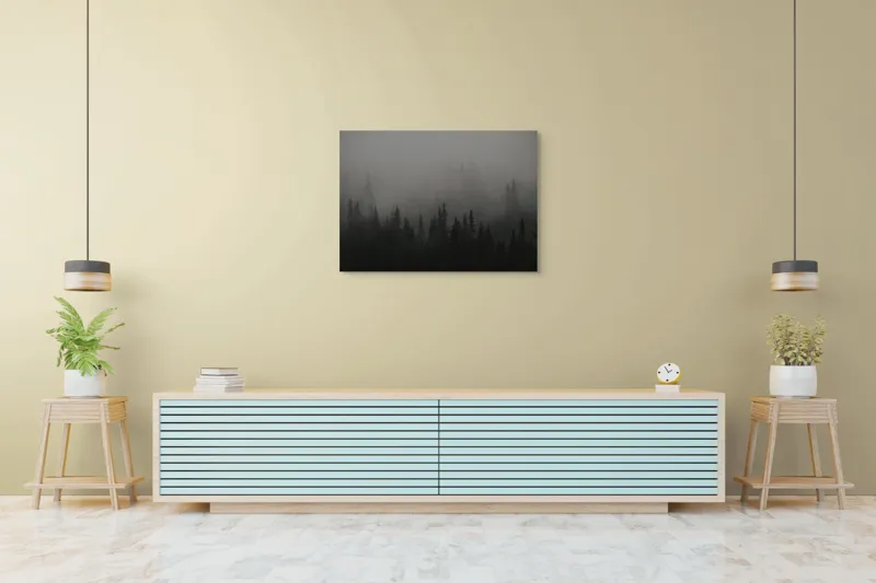 Tablou Canvas, "Ceața misterioasă din pădurea deasă", Ceață, Pădure, Mister, Întunecime, Tăcere, Natură, Enigmă, Umbre, Vârfuri, Melancolie, 100 x 70 cm – poza 4