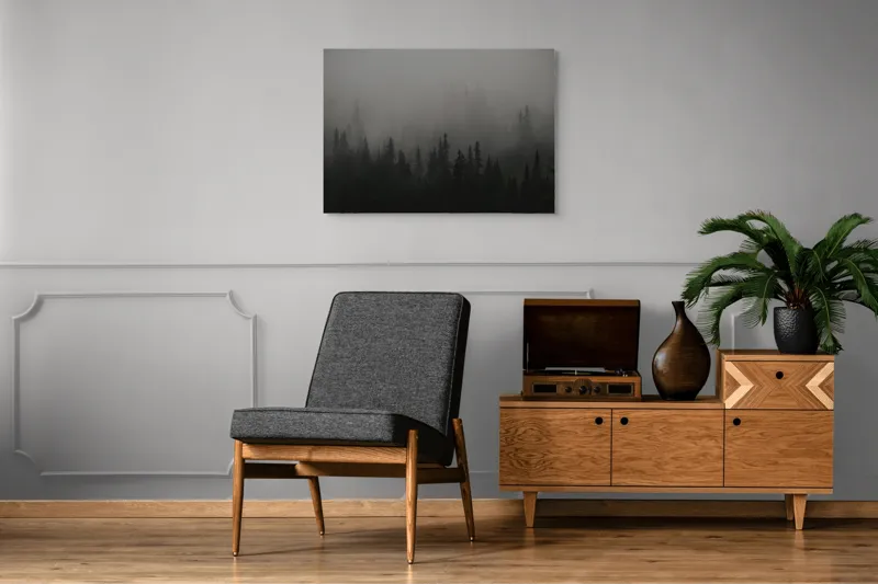 Tablou Canvas, "Ceața misterioasă din pădurea deasă", Ceață, Pădure, Mister, Întunecime, Tăcere, Natură, Enigmă, Umbre, Vârfuri, Melancolie, 100 x 70 cm – poza 8