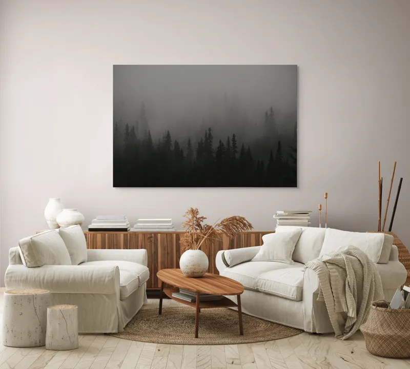 Tablou Canvas, "Ceața misterioasă din pădurea deasă", Ceață, Pădure, Mister, Întunecime, Tăcere, Natură, Enigmă, Umbre, Vârfuri, Melancolie, 150 x 100 cm – poza 3