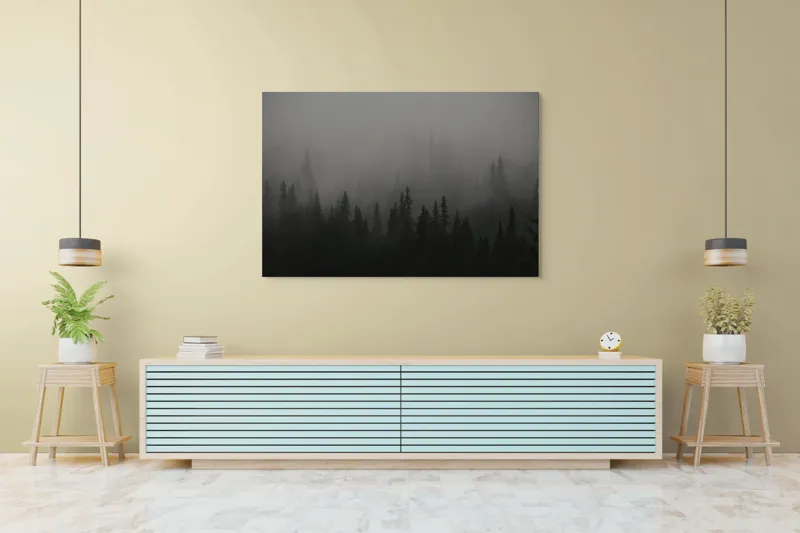 Tablou Canvas, "Ceața misterioasă din pădurea deasă", Ceață, Pădure, Mister, Întunecime, Tăcere, Natură, Enigmă, Umbre, Vârfuri, Melancolie, 150 x 100 cm – poza 6